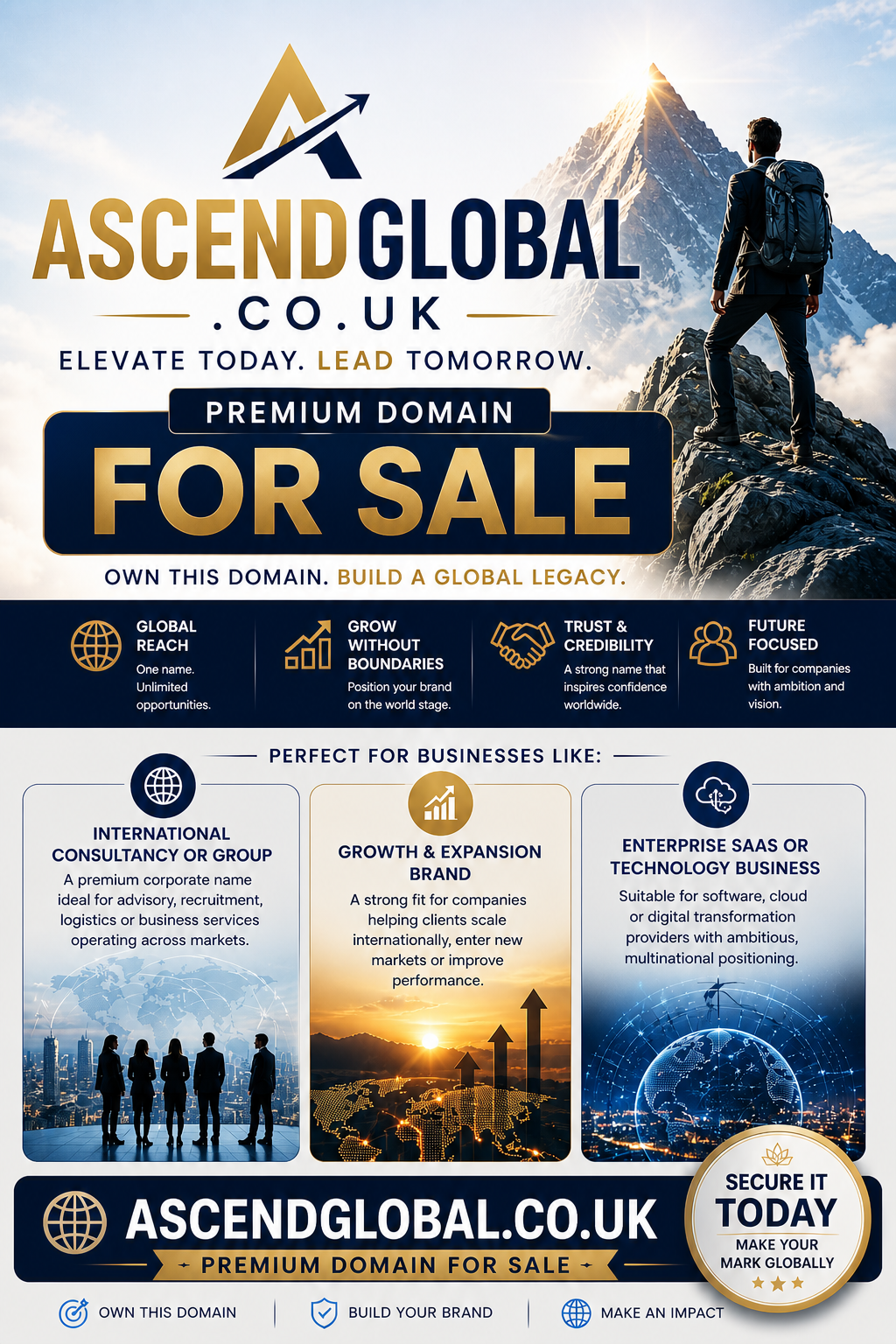 Promotional graphic featuring the domain ascendglobal.co.uk, shown with mountain peak and business icons. Style: corporate premium