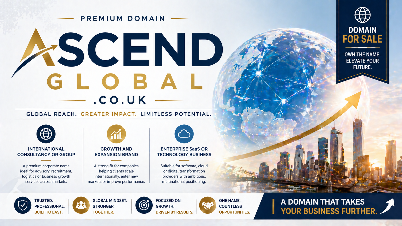 Promo banner featuring the domain ascendglobal.co.uk with glowing globe, city skyline and upward arrow, in a clean modern corporate growth-style layout.