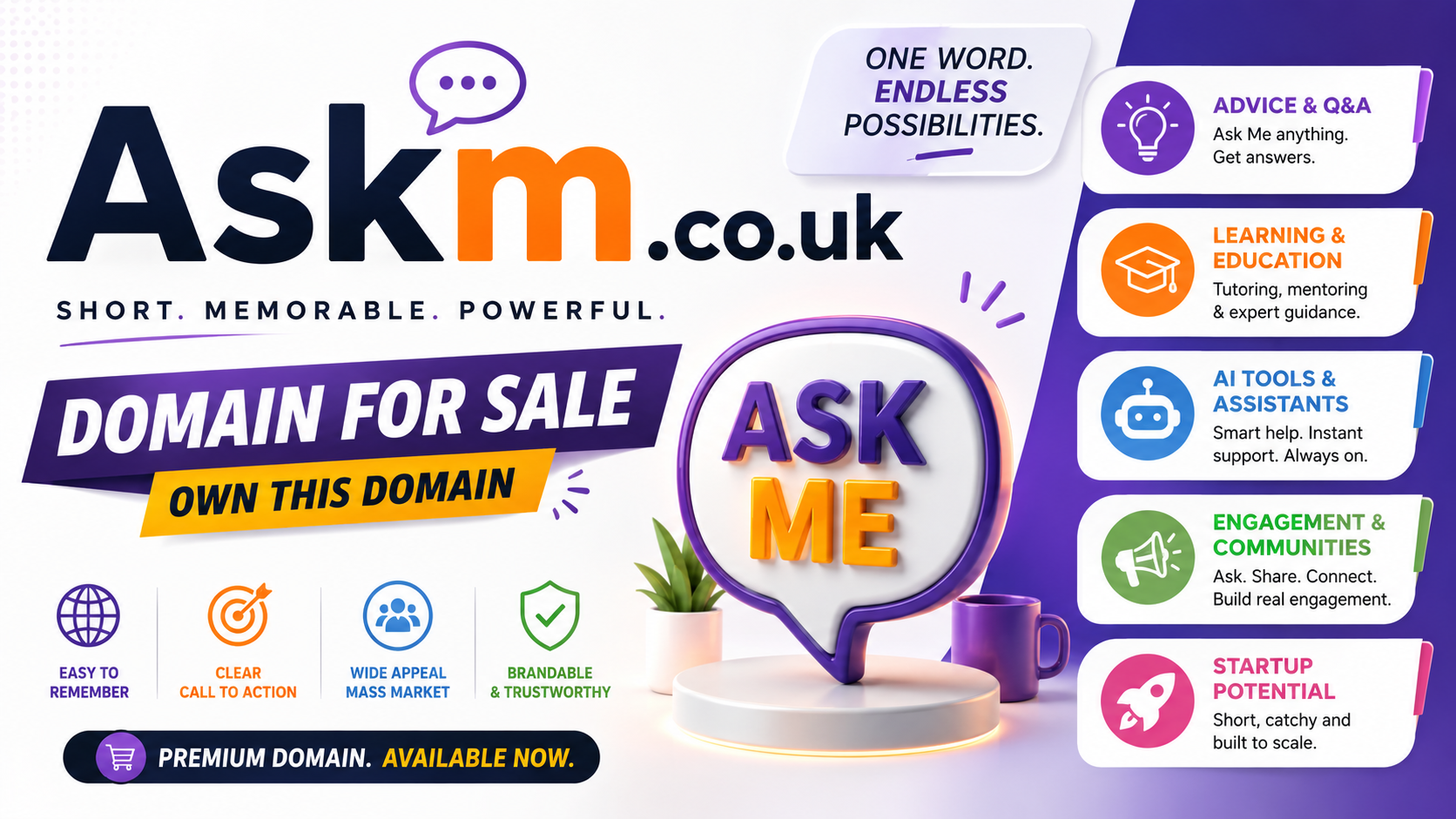 Promotional graphic featuring the domain Askm.co.uk, shown with AI assistant icons and question-answer elements. Style: bright modern startup branding.
