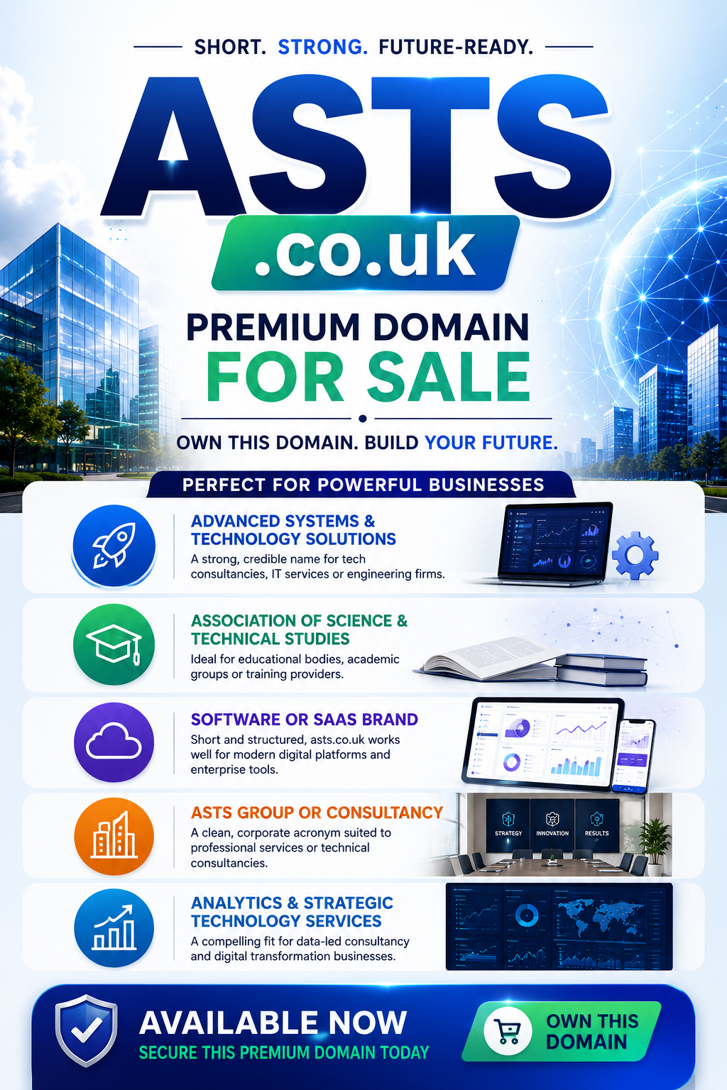 Landscape promotional graphic featuring the domain ASTS.co.uk with tech icons and consultancy visuals. Style: bright modern corporate.