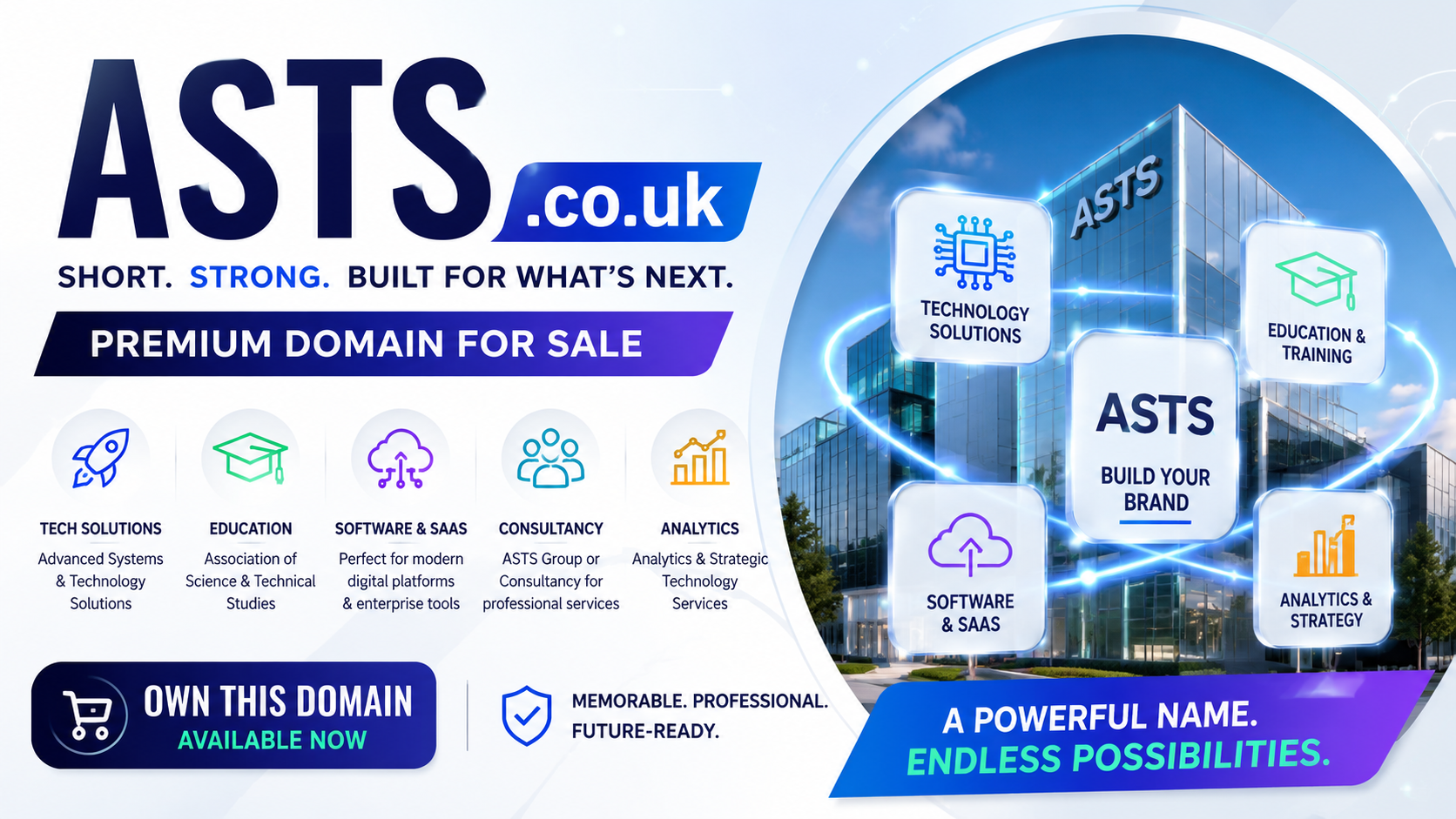 Landscape promotional graphic featuring the domain ASTS.co.uk with tech icons and consultancy visuals. Style: bright modern corporate.