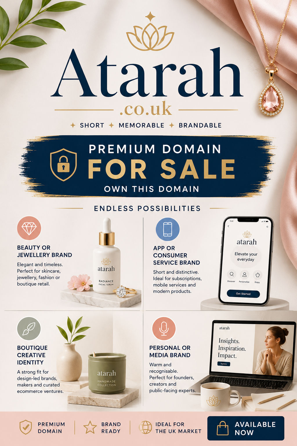 Promotional graphic featuring the domain Atarah.co.uk, shown with elegant jewellery motifs and luxury branding. Style: bright premium boutique.