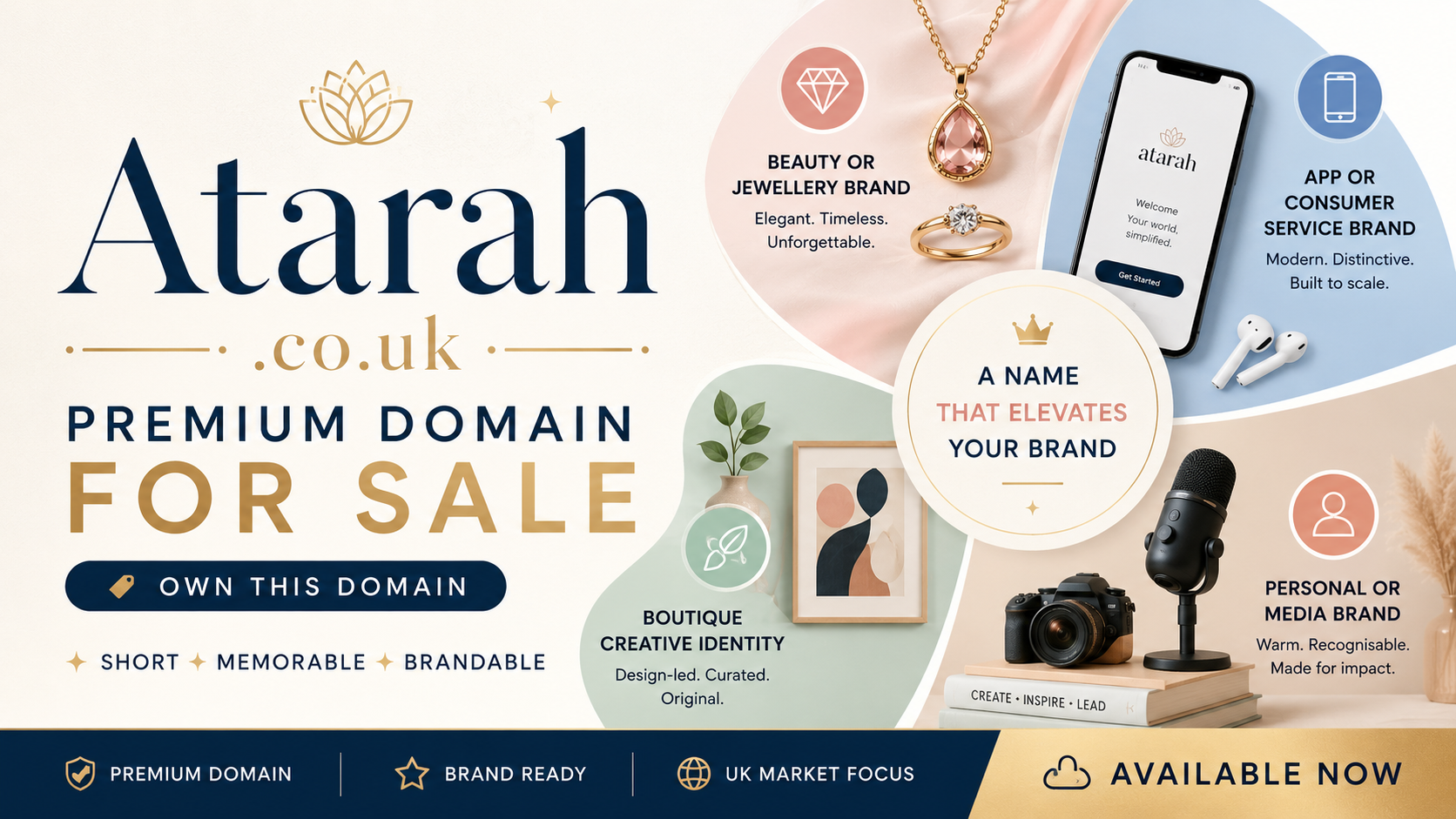 Promotional graphic featuring the domain Atarah.co.uk, shown with elegant jewellery motifs and luxury branding. Style: bright premium boutique.
