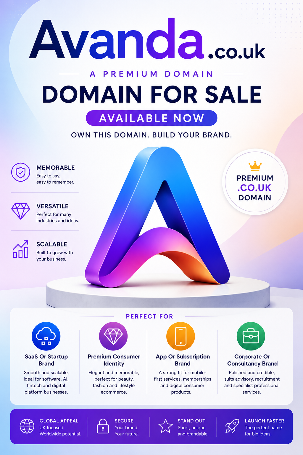 Promotional graphic featuring the domain Avanda.co.uk, shown with a sculpted A logo and availability badge. Style: bright modern branding.