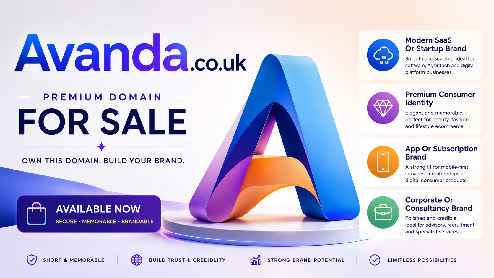 Promotional graphic featuring the domain Avanda.co.uk, shown with a sculpted A logo and availability badge. Style: bright modern branding.