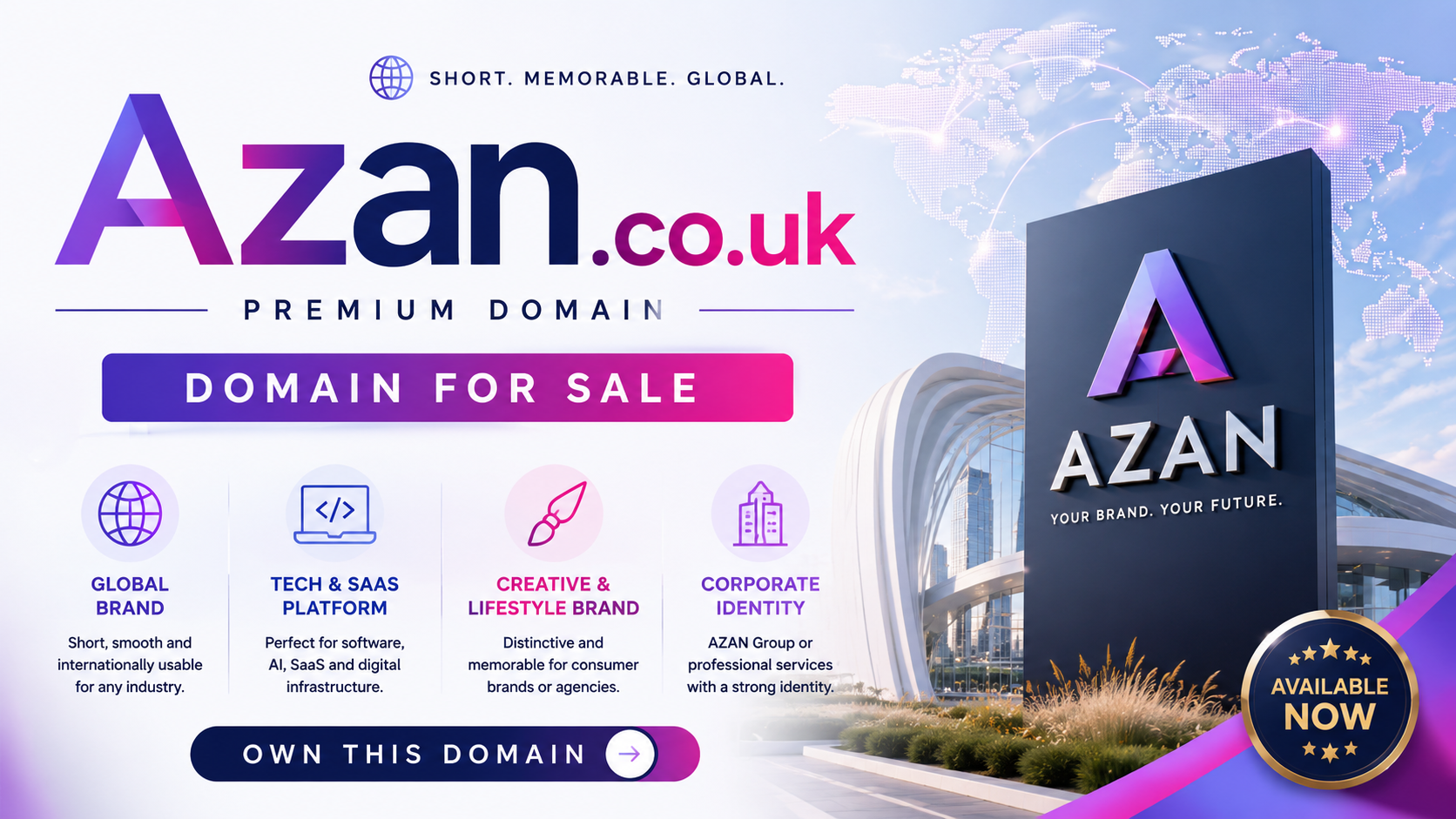 Promotional graphic featuring the domain Azan.co.uk with global map, modern branding tower and tech icons. Style: bright futuristic.