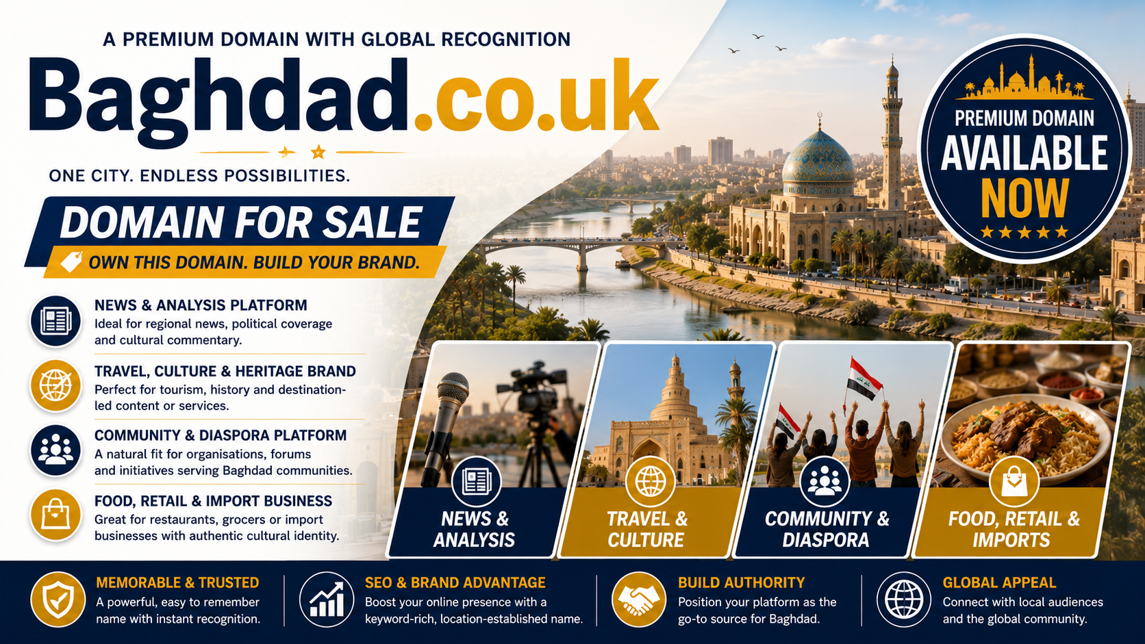 Promotional graphic featuring the domain Baghdad.co.uk, shown with a city skyline and cultural landmarks. Style: bright, premium, destination-focused branding.
