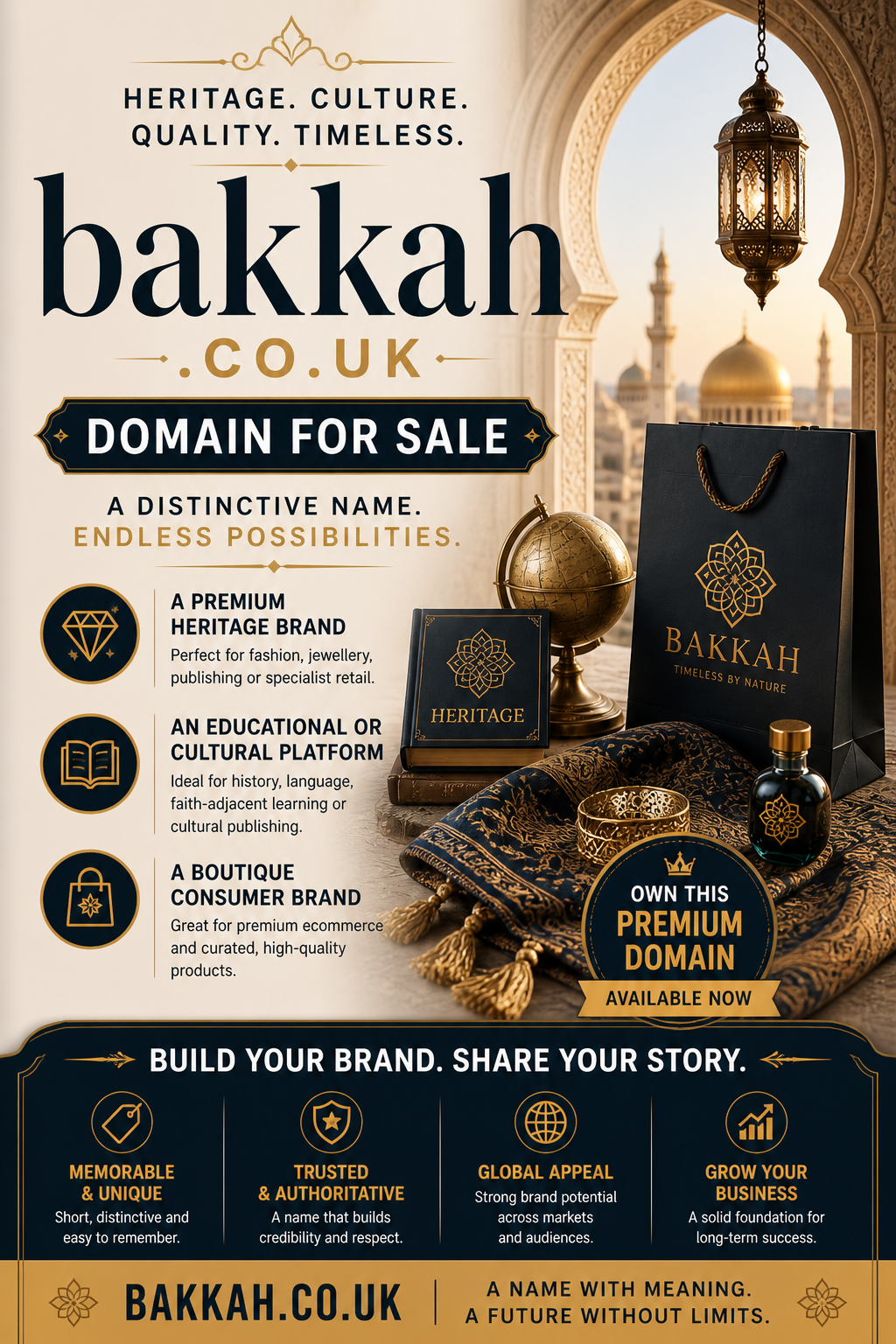 Promotional graphic featuring the domain bakkah.co.uk, shown with ornate archway and heritage items. Style: elegant cultural luxury.