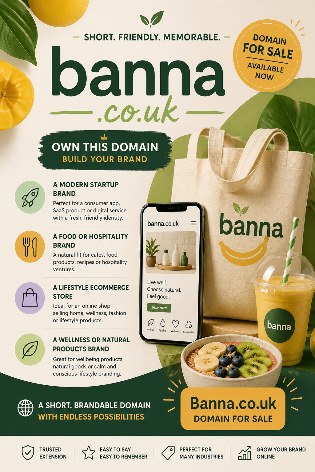 Promotional graphic featuring the domain banna.co.uk, shown with fruit branding and abstract icons. Style: modern, clean