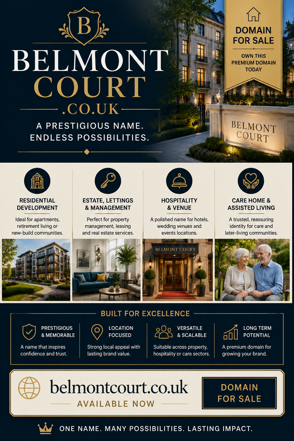 Luxury property-themed graphic for belmontcourt.co.uk with elegant residential building, gold branding and premium estate visuals.