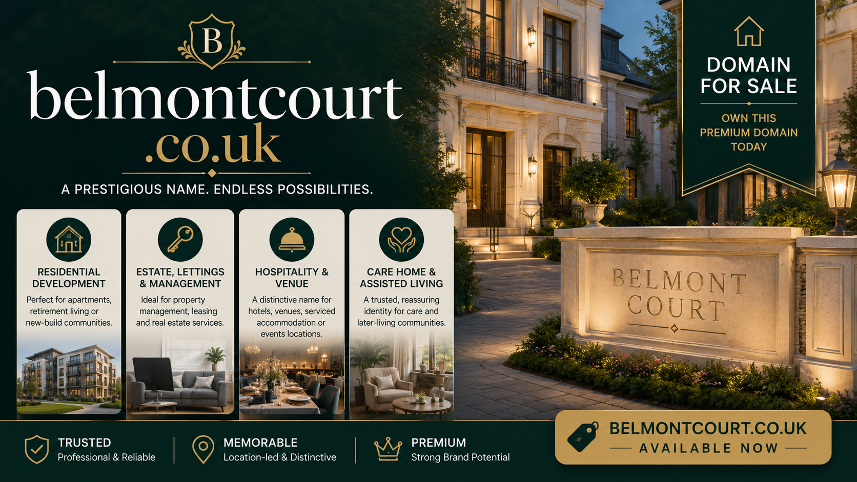 Luxury property-themed graphic for belmontcourt.co.uk with elegant residential building, gold branding and premium estate visuals.