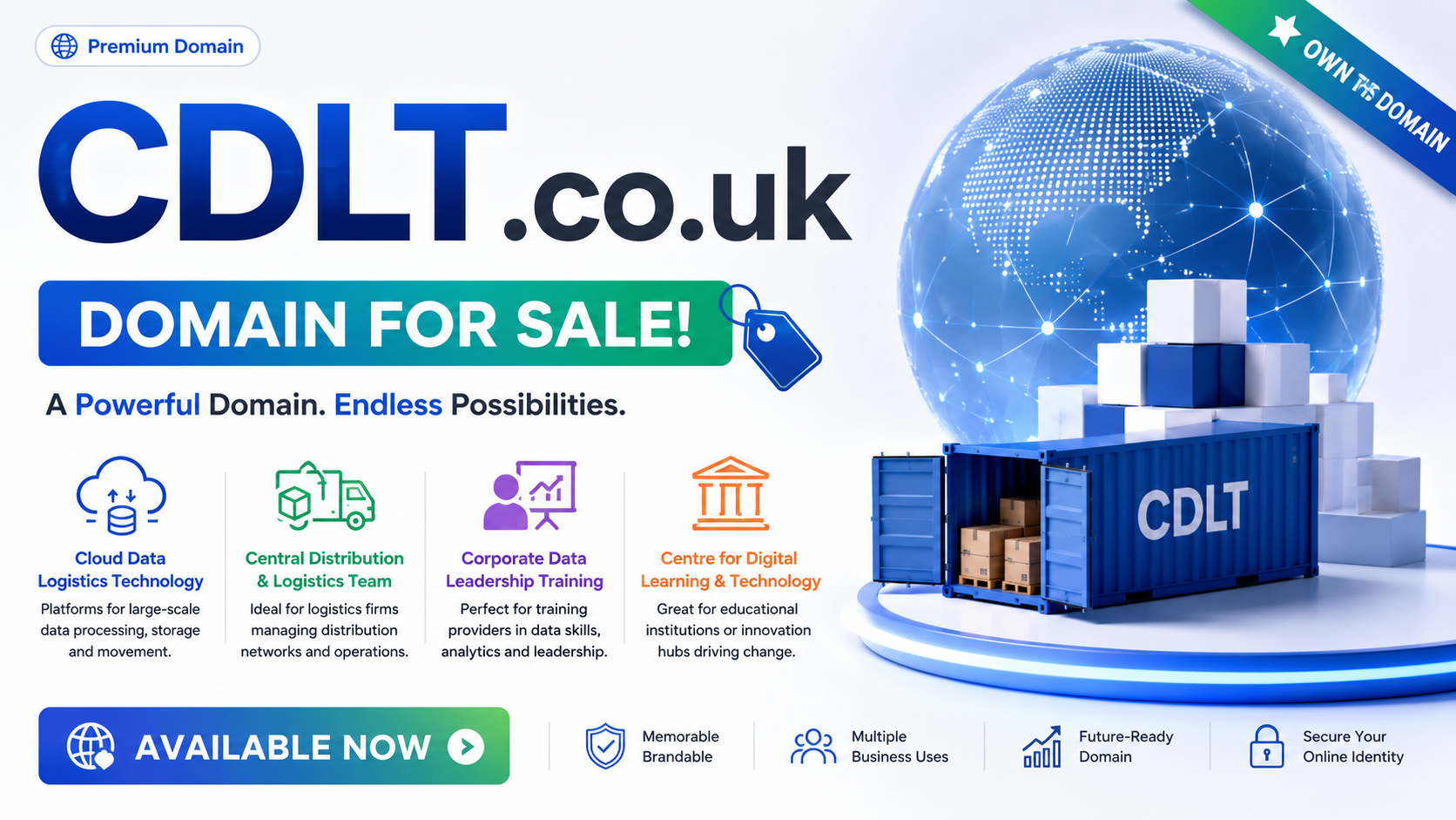 Promotional graphic featuring the domain CDLT.co.uk, shown with a connected digital globe and logistics container. Style: modern technology branding.