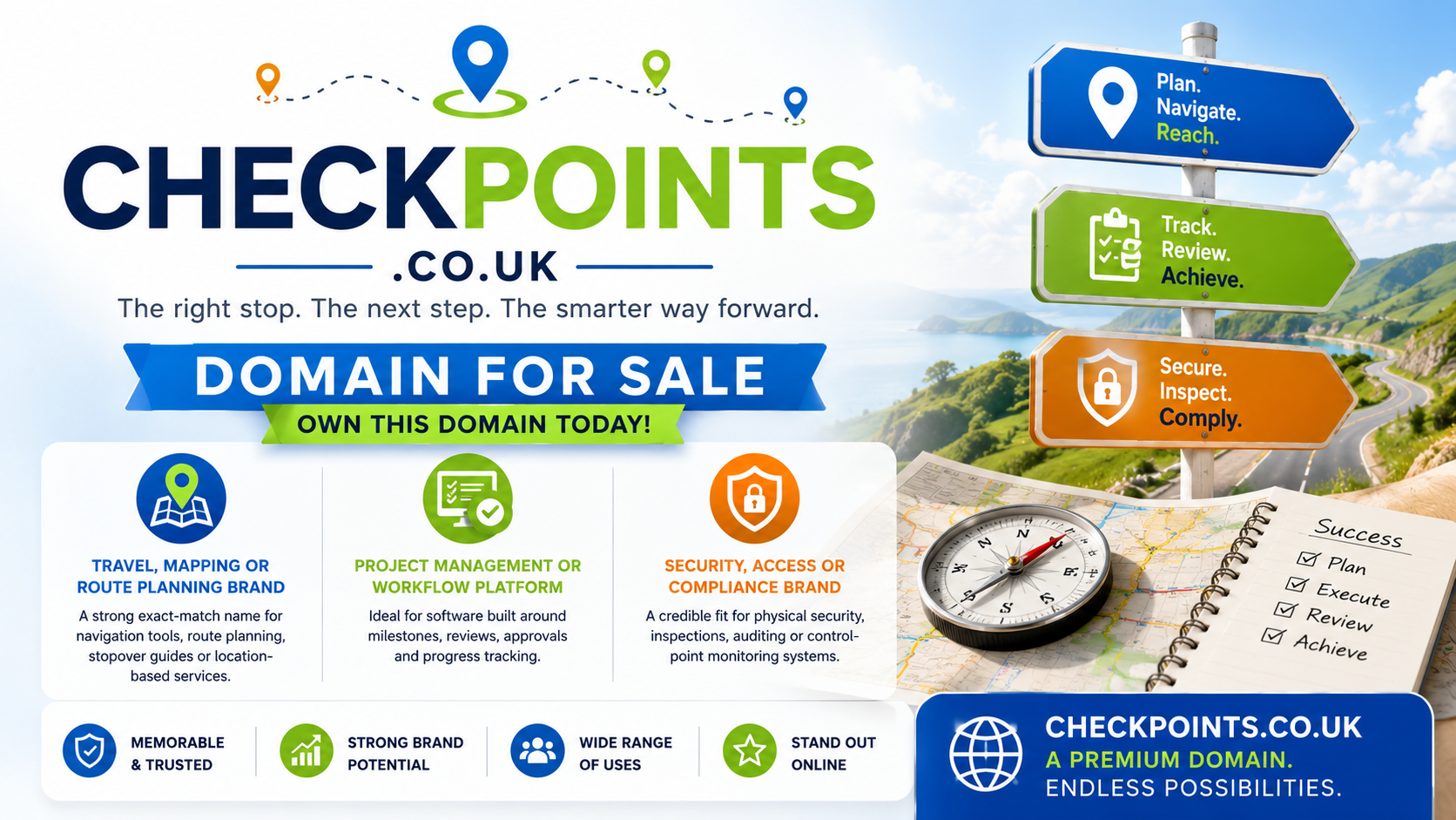 Promotional graphic featuring checkpoints.co.uk with colourful route signs, compass and workflow icons. Style: bright modern.