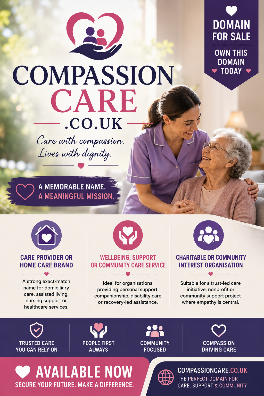 Promotional banner featuring compassioncare.co.uk with caring hands, healthcare imagery and wellbeing icons. Style: warm professional.