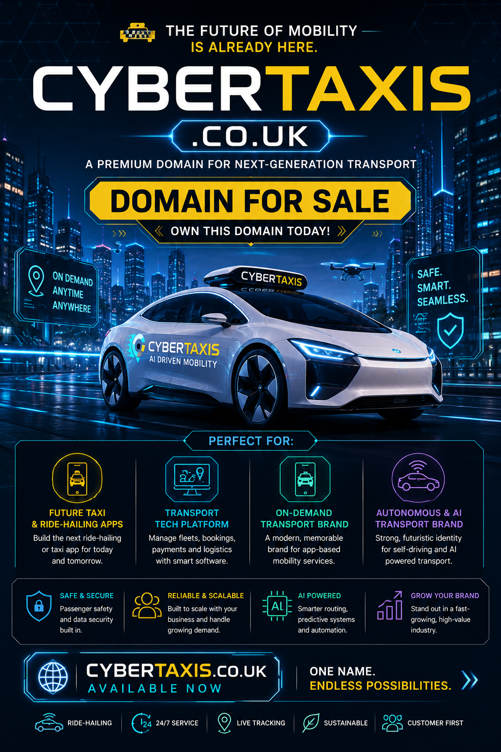 Futuristic promo graphic for cybertaxis.co.uk with autonomous taxi, neon city skyline and AI mobility branding.