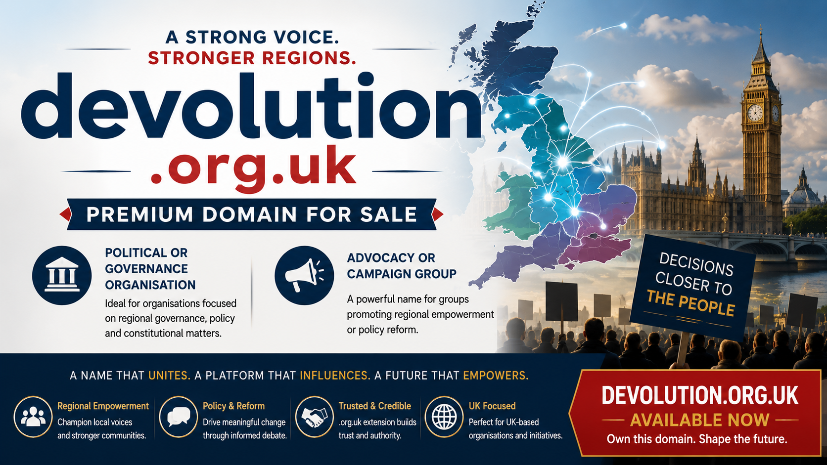 Political-themed graphic for devolution.org.uk with UK governance map, parliament imagery and campaign visuals.
