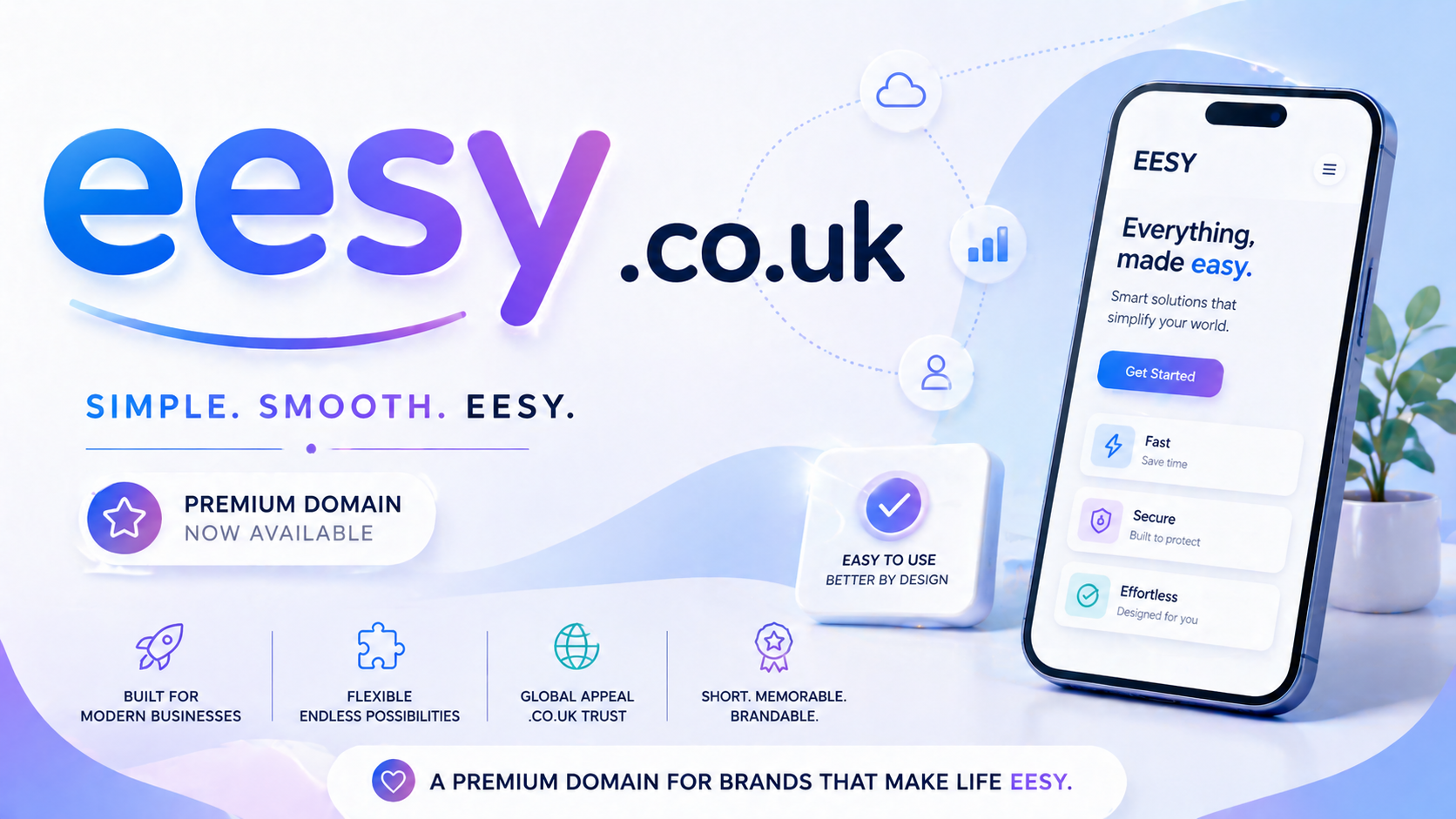 Promo banner featuring the domain eesy.co.uk with soft gradient text, smartphone UI mockup and subtle icons, in a clean minimal tech-style layout.