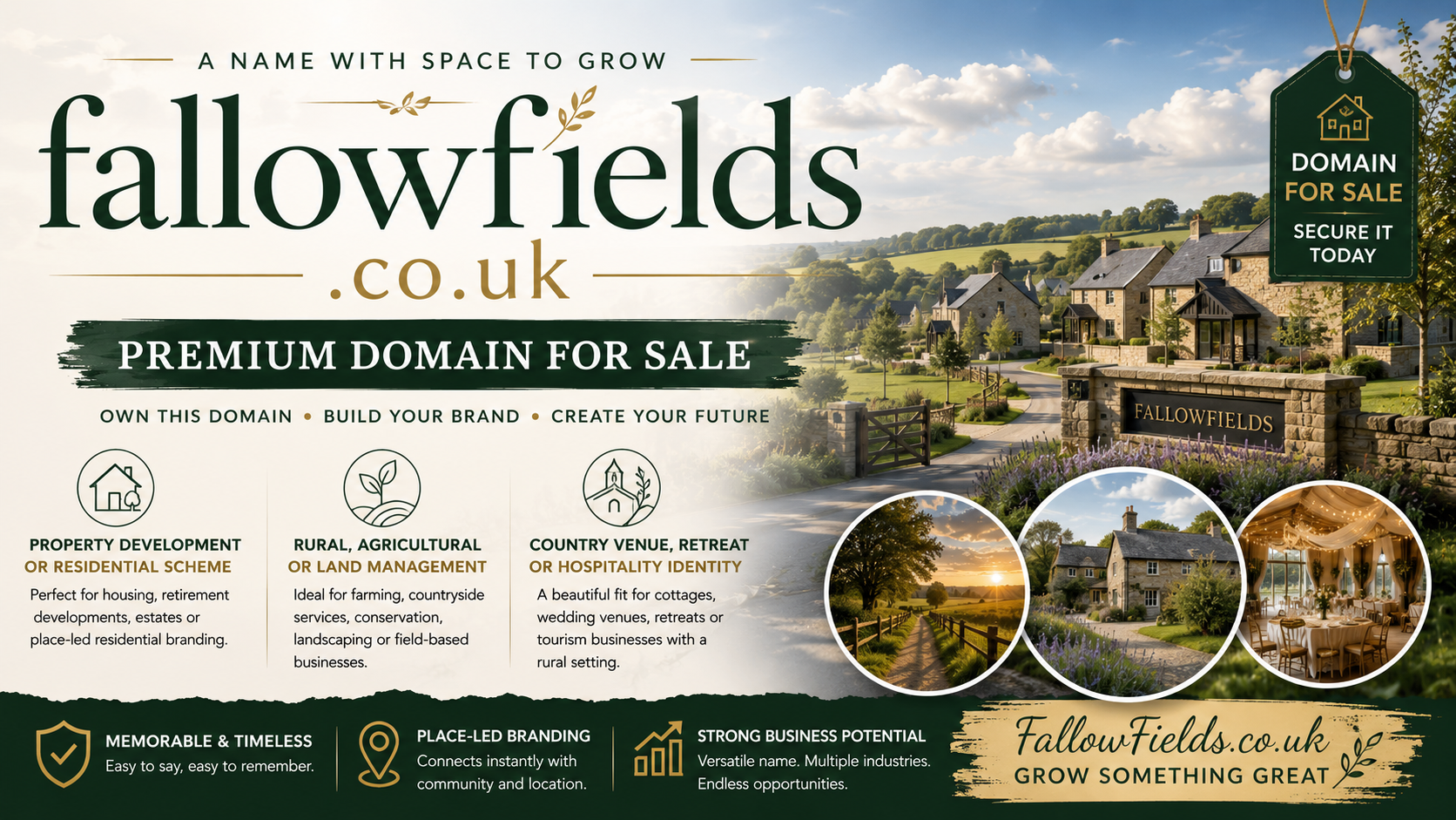 Countryside-themed graphic for fallowfields.co.uk with rural homes, green branding and hospitality venue imagery.