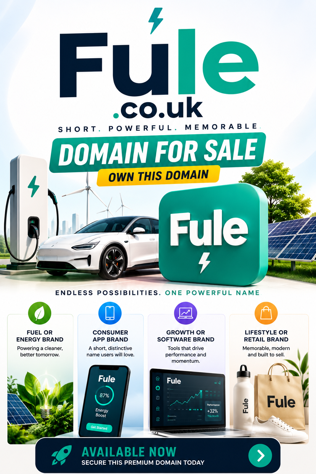 Promotional graphic featuring the domain Fule.co.uk with EV charging, app screens and retail branding. Style: bright modern tech.