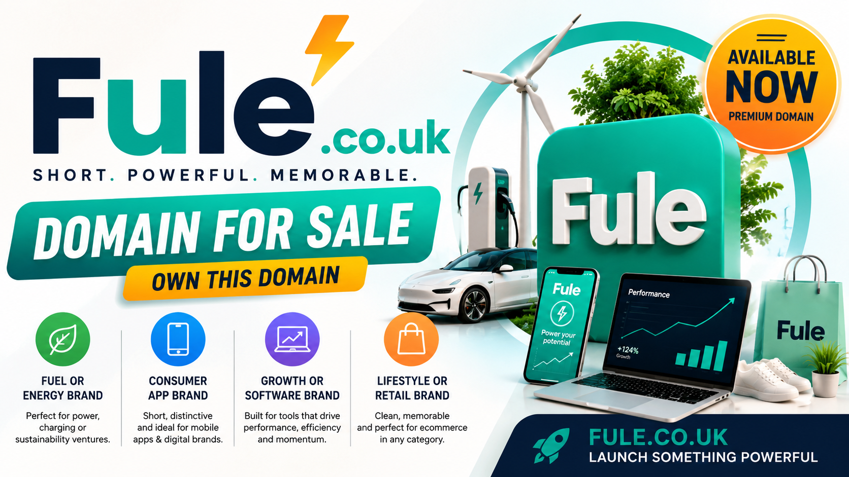 Promotional graphic featuring the domain Fule.co.uk with EV charging, app screens and retail branding. Style: bright modern tech.