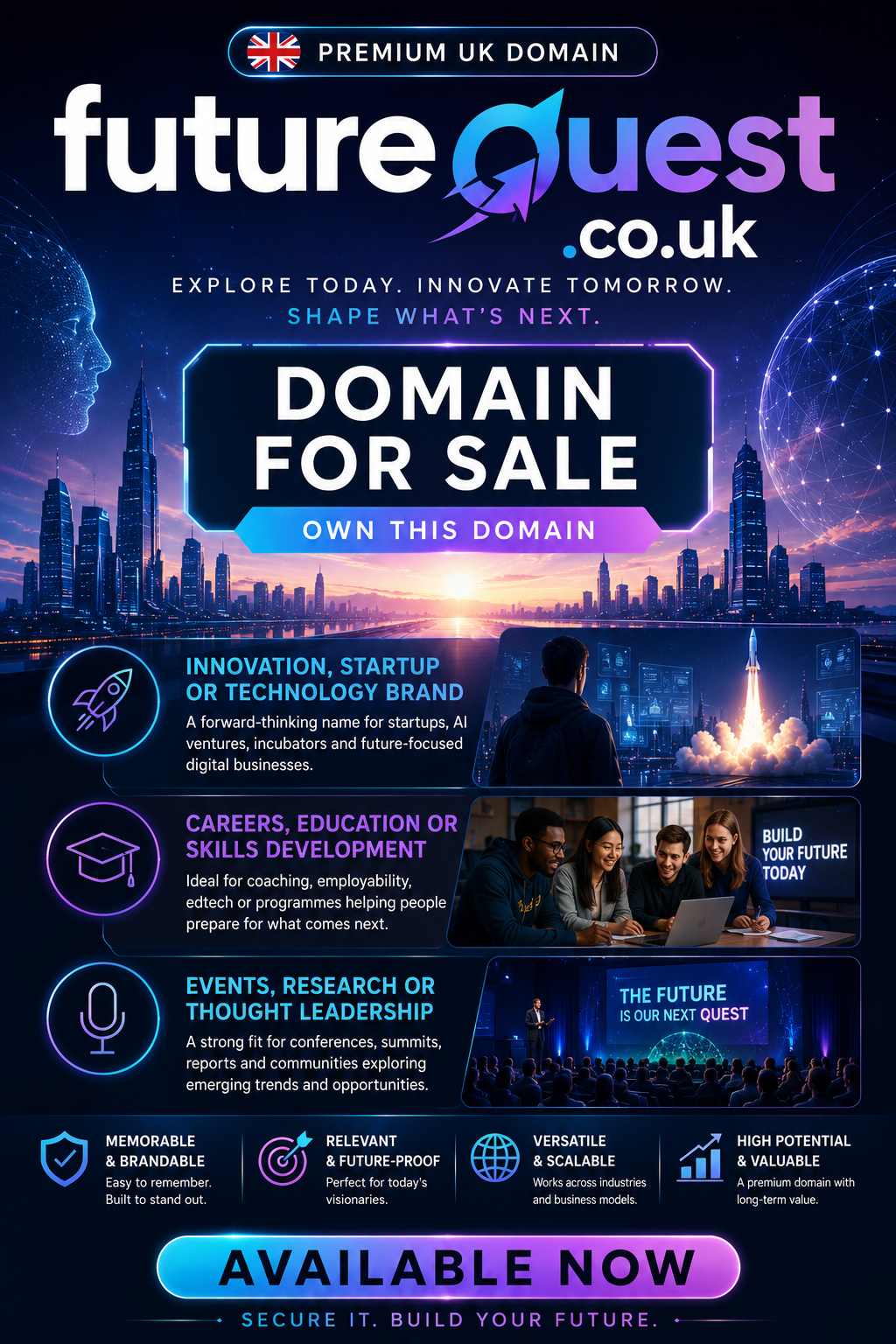 Promotional futuristic graphic featuring futurequest.co.uk with neon skyline and innovation visuals. Style: sleek sci-fi tech.