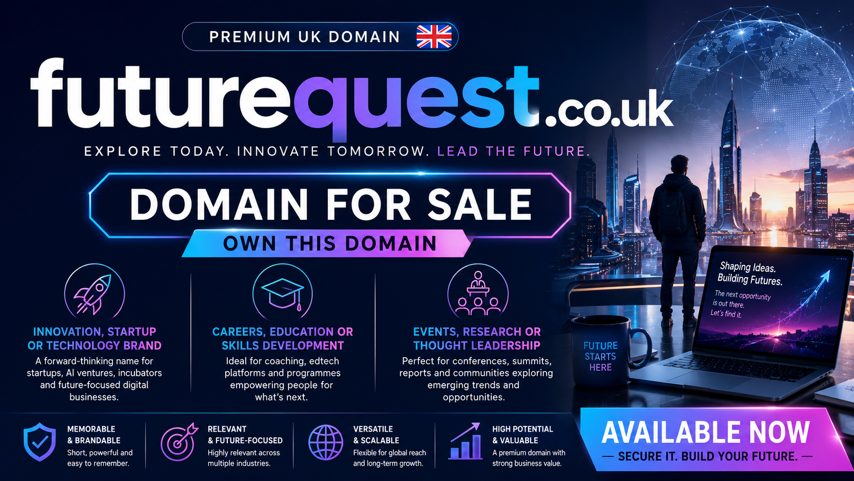 Promotional futuristic graphic featuring futurequest.co.uk with neon skyline and innovation visuals. Style: sleek sci-fi tech.