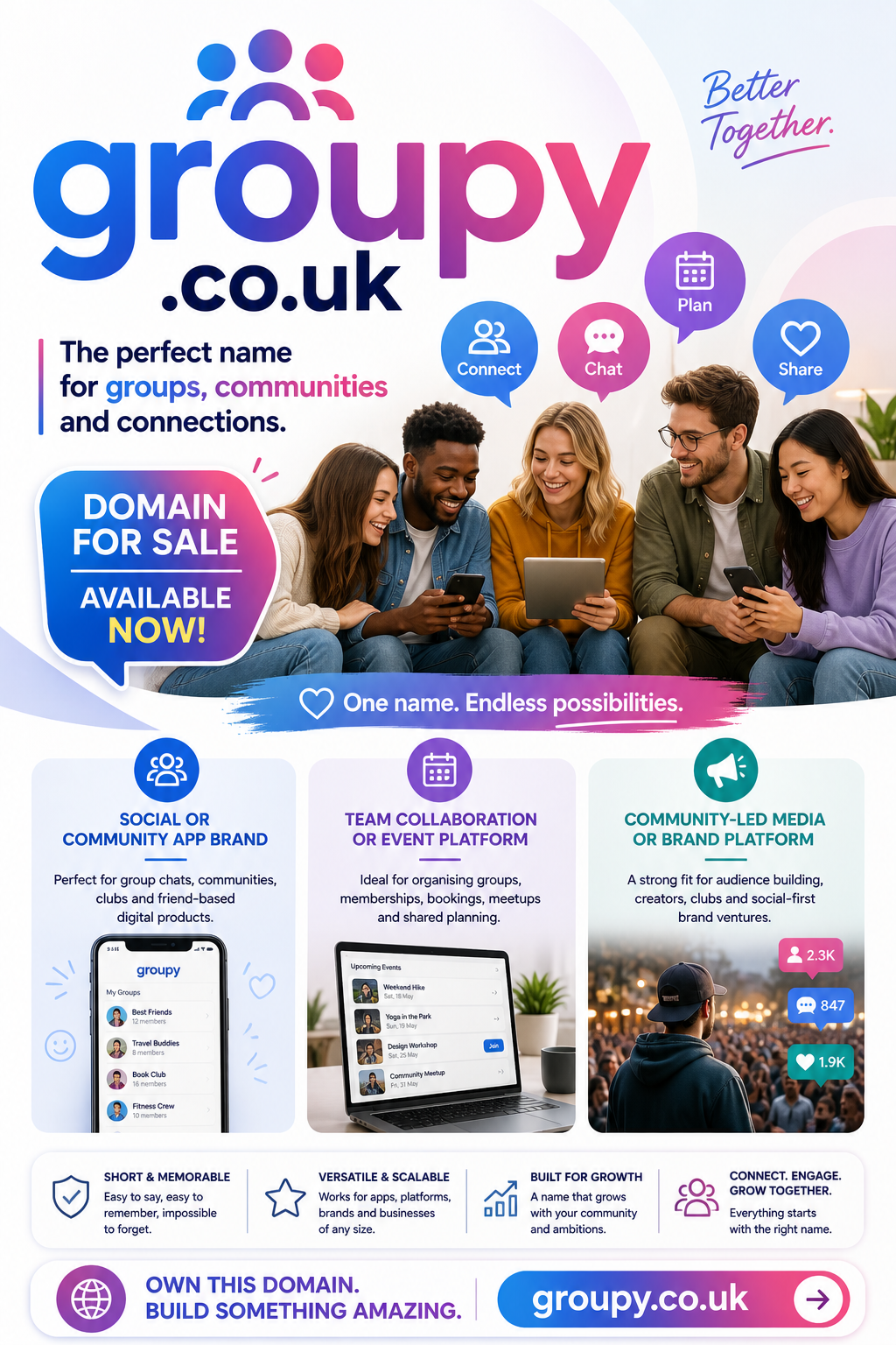 Promotional graphic featuring the domain groupy.co.uk, shown with people icons and social app visuals. Style: modern, vibrant, community-focused.
