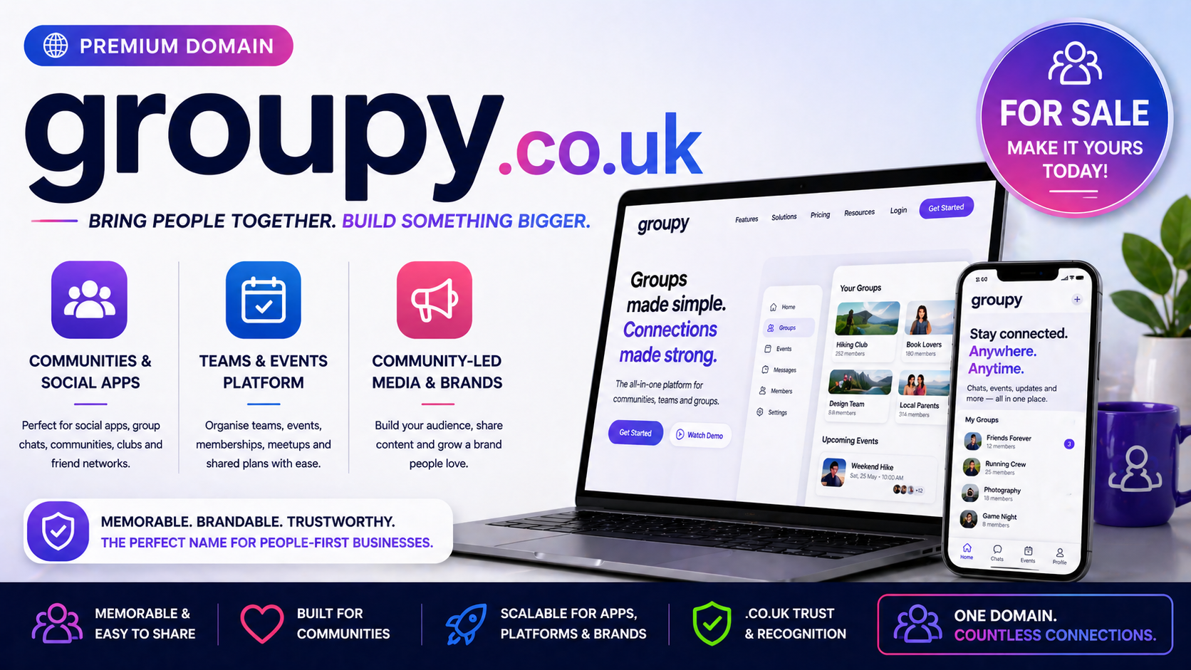 Promo banner featuring the domain groupy.co.uk with app UI screens, laptop and phone mockups, and community icons, in a clean modern social-tech layout.