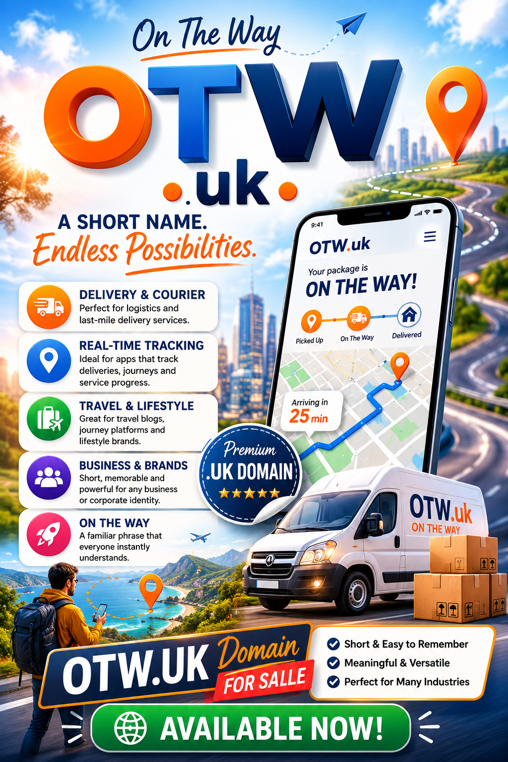 Promotional graphic for OTW.uk with delivery, tracking and travel visuals in a bright modern startup style.