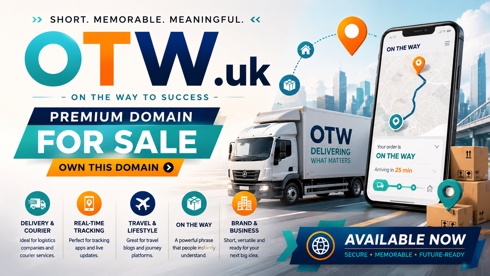 Promotional graphic for OTW.uk with delivery, tracking and travel visuals in a bright modern startup style.