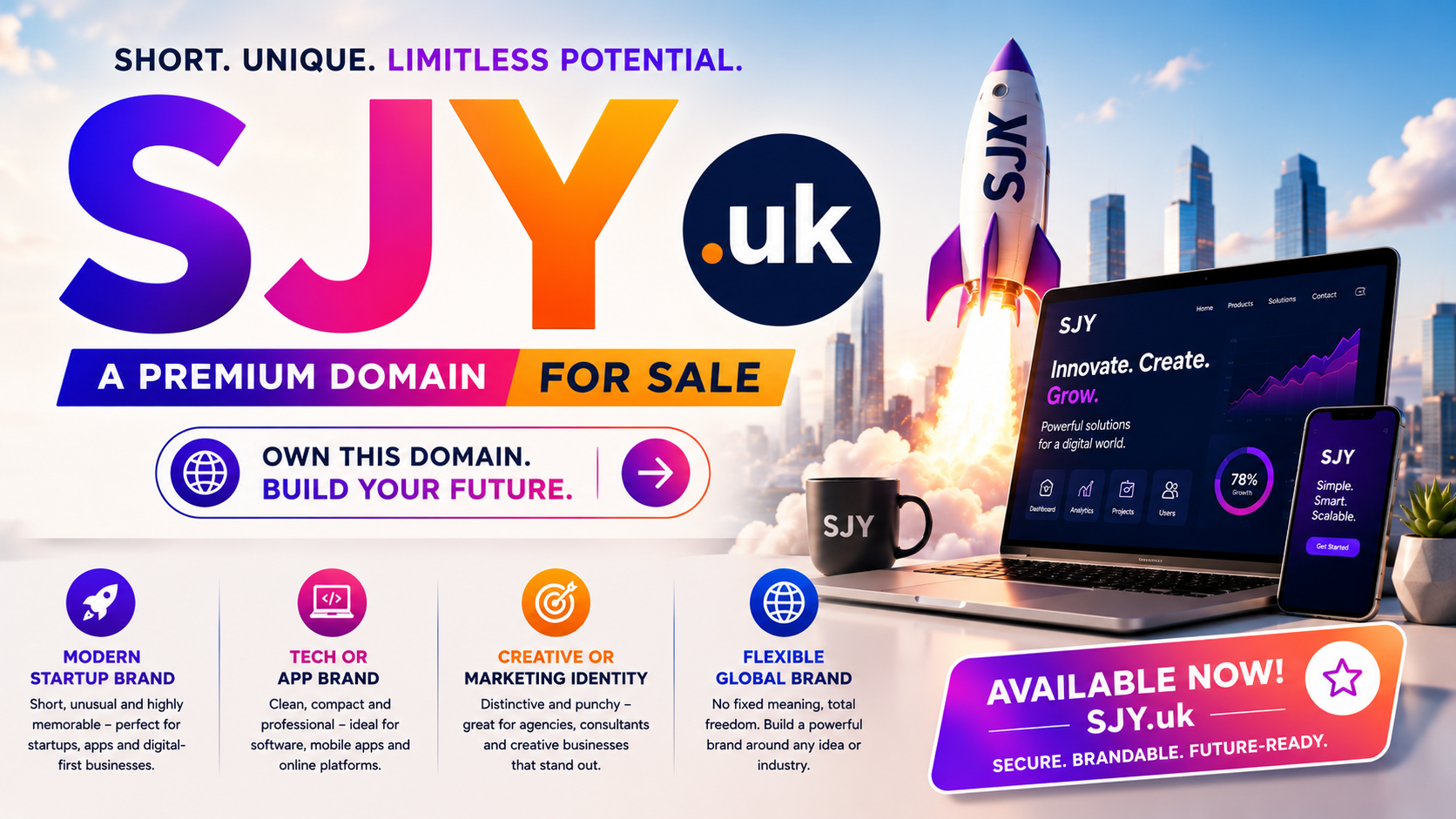 Promotional graphic for SJY.uk with startup visuals, glowing typography and app branding. Style: bright modern tech.