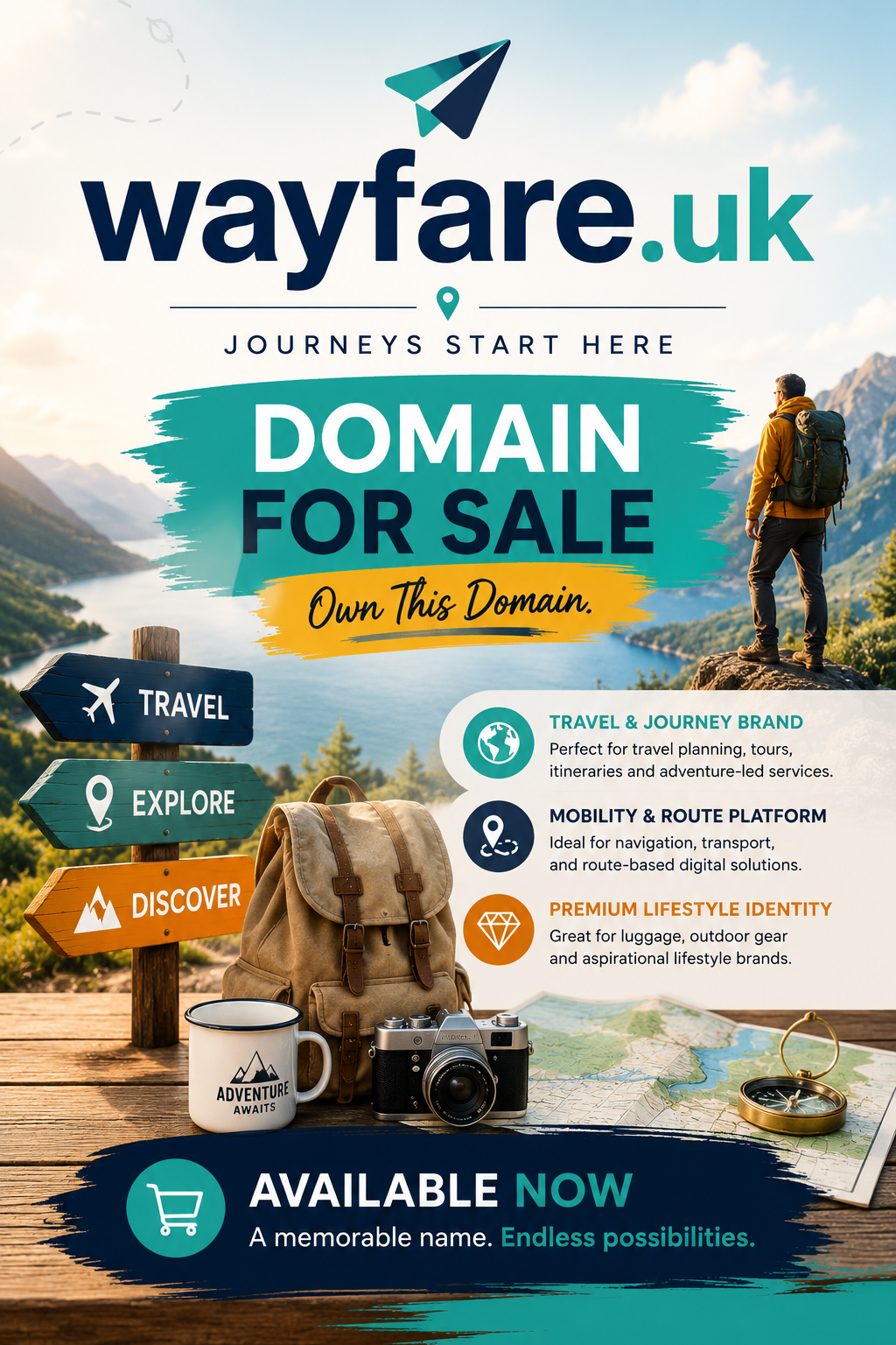 Promotional banner for wayfare.uk with travel signposts, hiking gear and scenic lake backdrop. Style: bright modern travel branding.